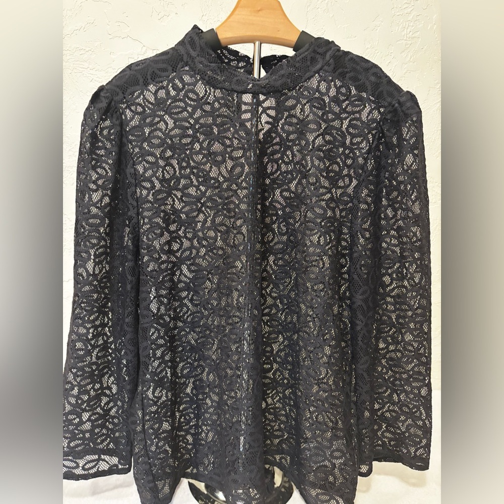 GAP Black Lace‎ Sheer Blouse Top Large Mock Neck Boho Romantic NWT